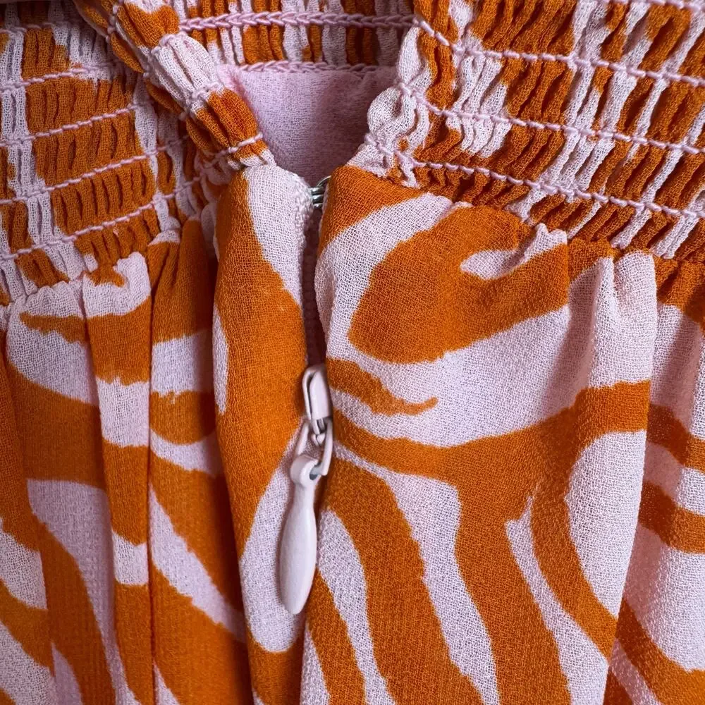 Cinq a Sept Billowed Sleeve Rika Dress Size 6 Orange Pink Smocked Boatneck NWT - Picture 12 of 14